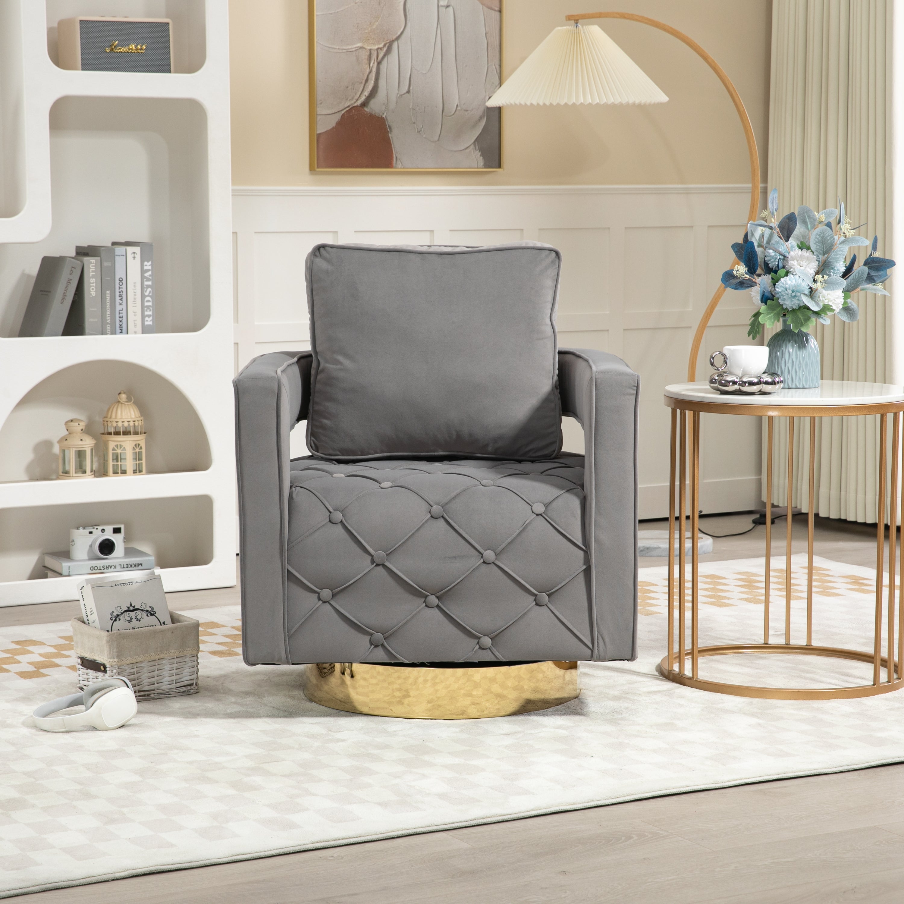 Velvet Eclipse Swivel Chair – Gray Diamond-Tufted Accent Seat