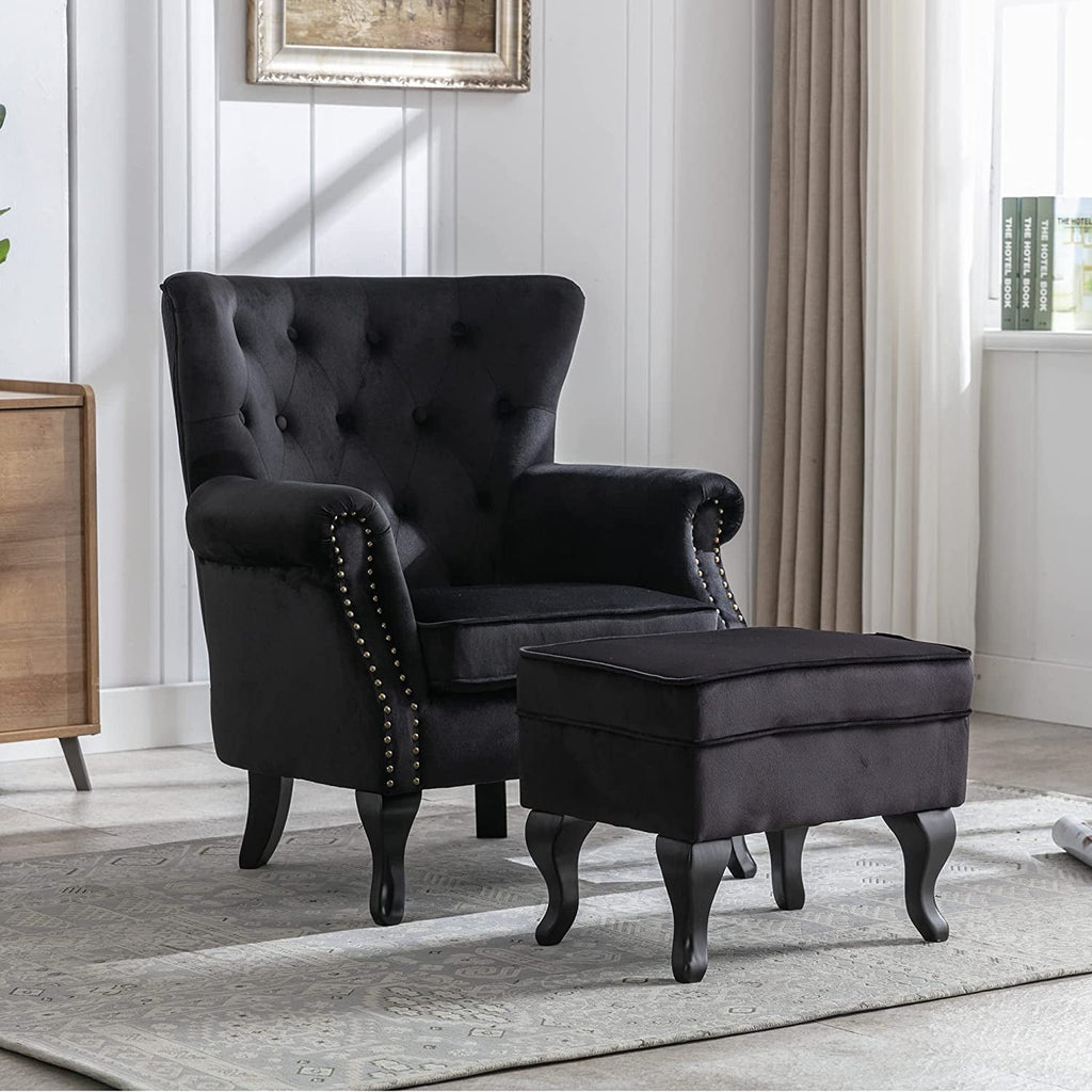 The Regent Velvet Armchair Set – Diamond Tufted Wingback with Ottoman