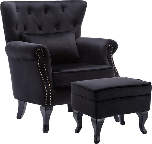 The Regent Velvet Armchair Set – Diamond Tufted Wingback with Ottoman