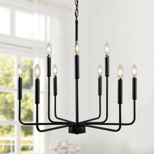Matte Black Farmhouse Candle-Tier Chandelier (9-Light, Adjustable Height)