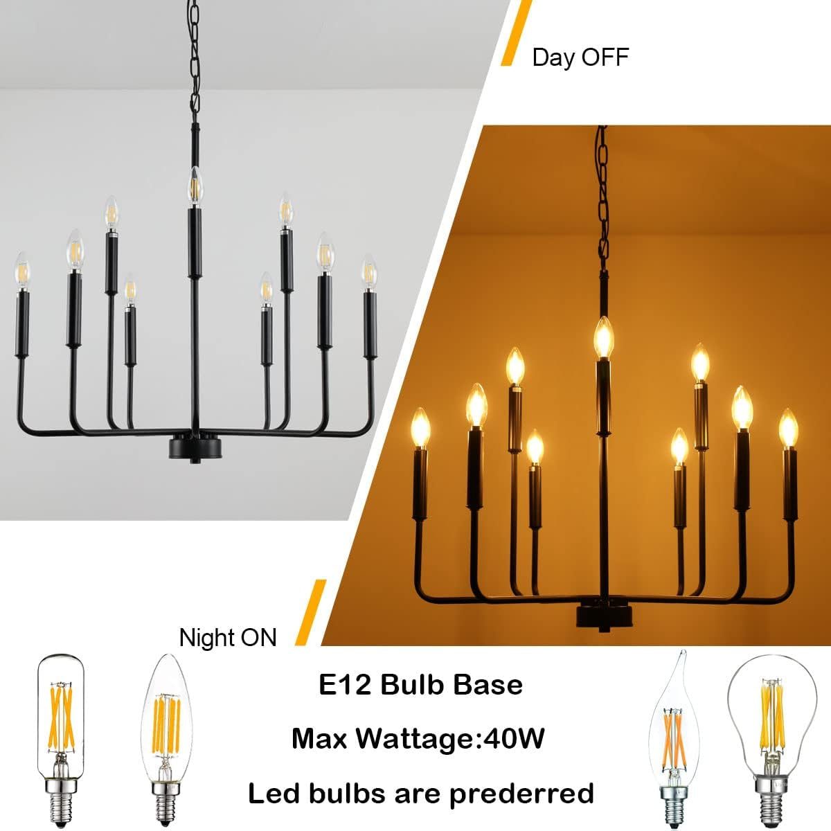 Matte Black Farmhouse Candle-Tier Chandelier (9-Light, Adjustable Height)