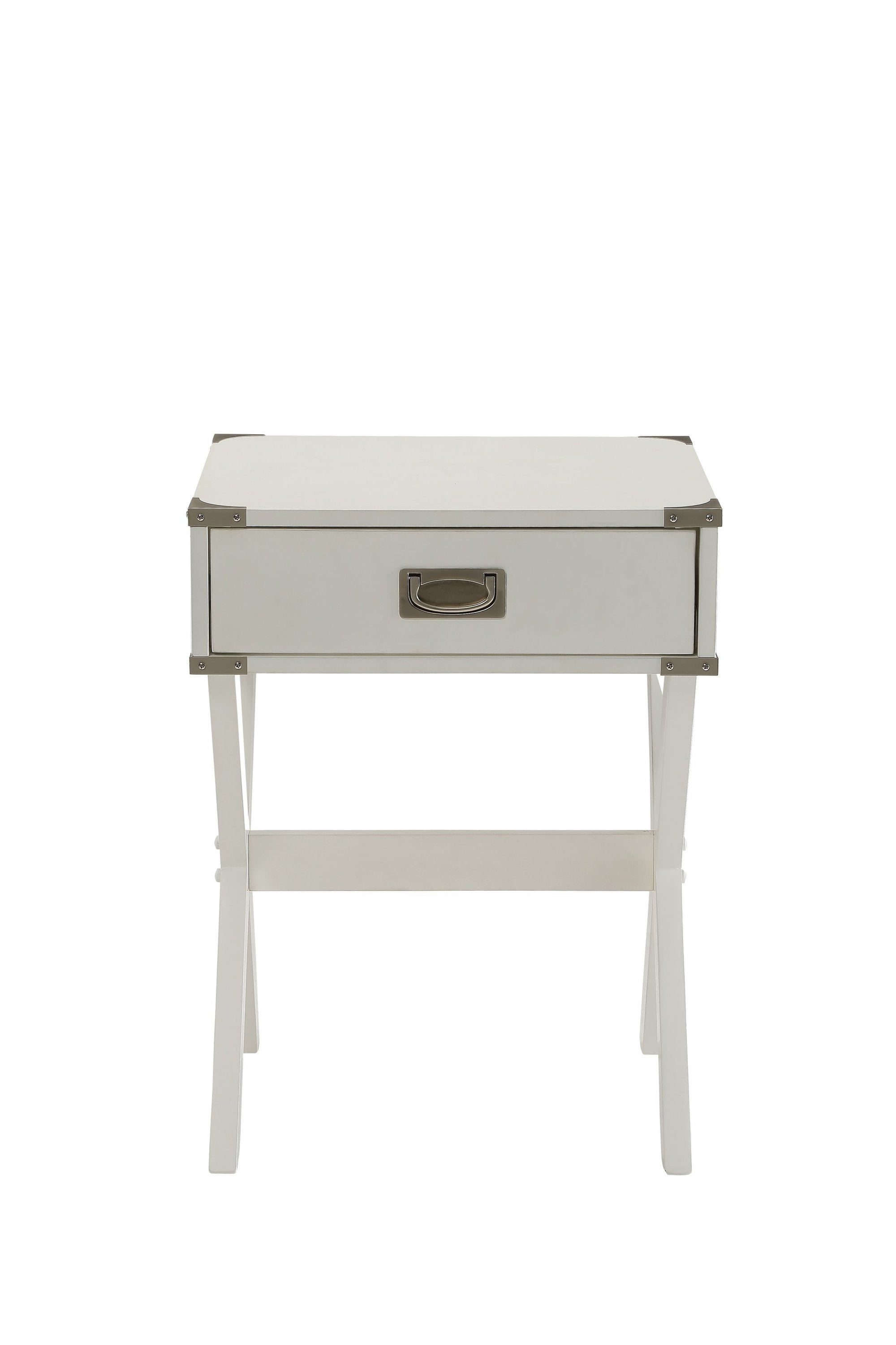 Campaign Style White Wood Storage End Table with Metal Accents ND