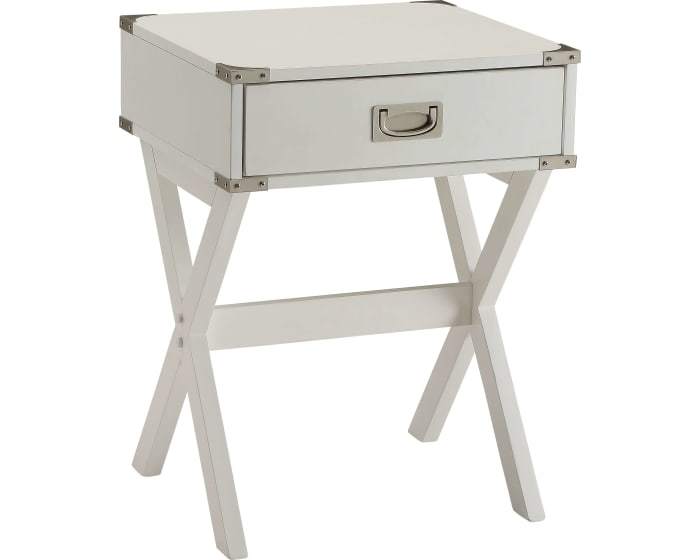 Campaign Style White Wood Storage End Table with Metal Accents ND