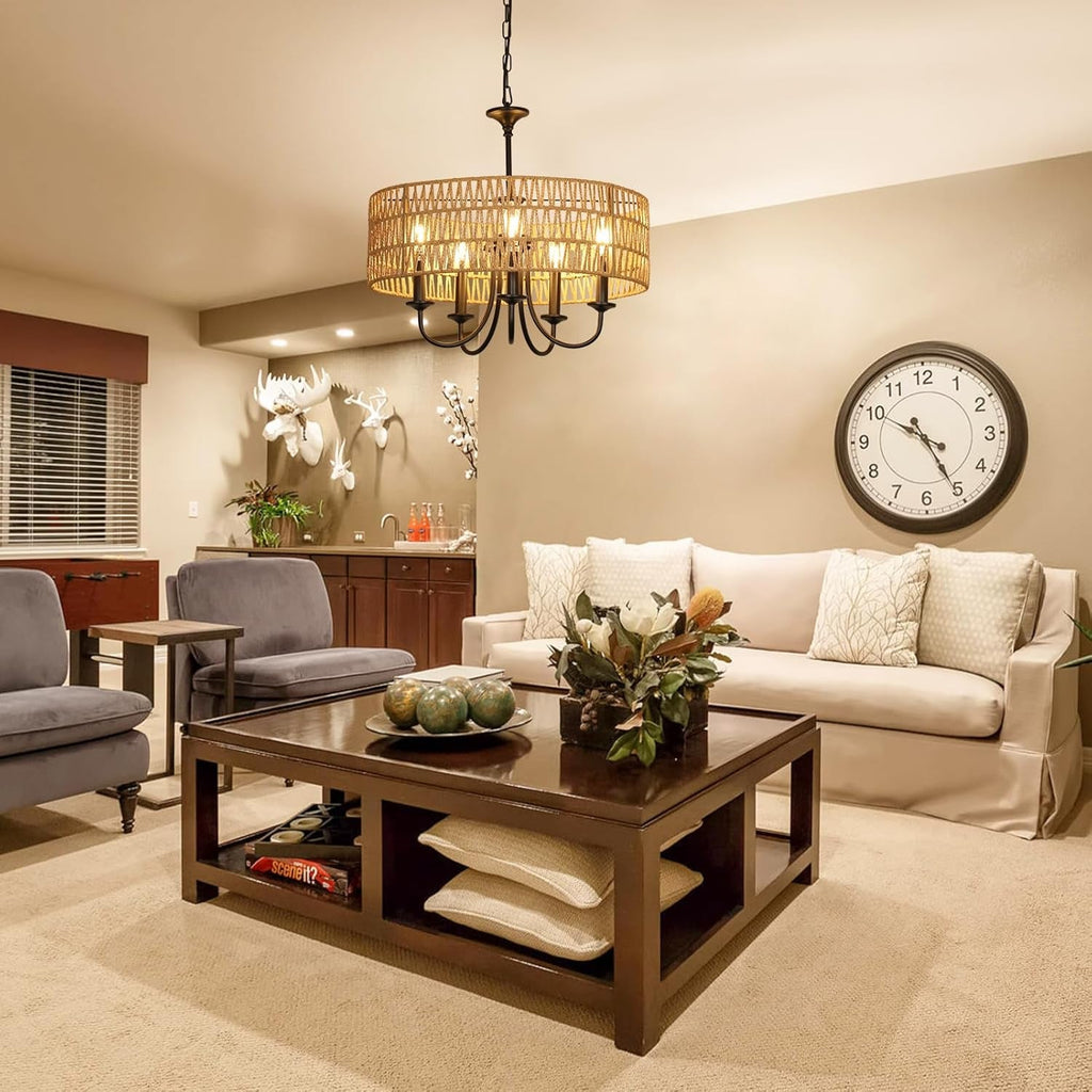 The Urban Ritual 5-Light Rattan Chandelier – Handwoven Natural Elegance