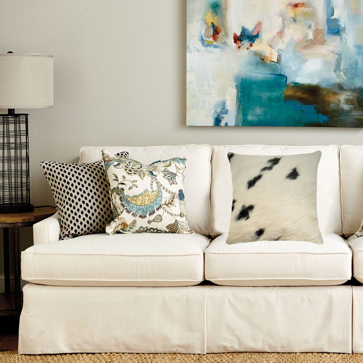 White and Black Cowhide Pillow - 18" x 18"