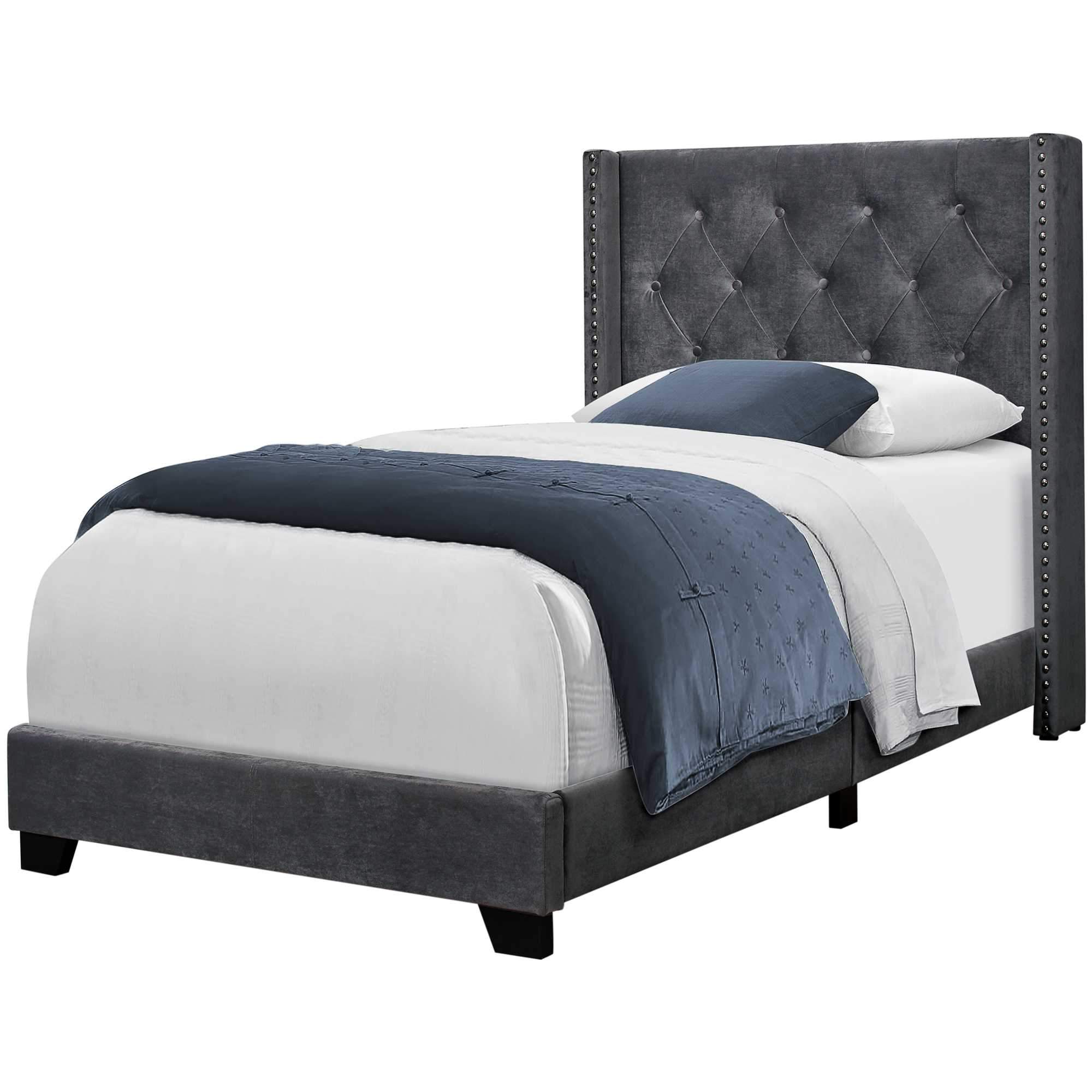 The Monarch Velvet Twin Bed – Dark Gray Wingback with Chrome Trim