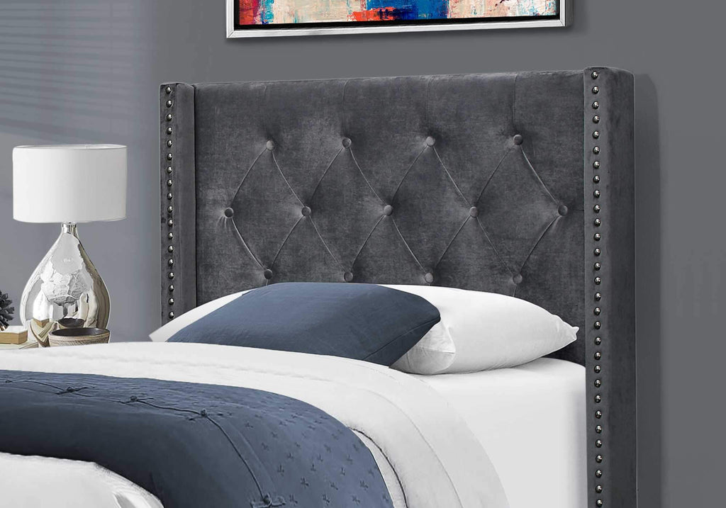 The Monarch Velvet Twin Bed – Dark Gray Wingback with Chrome Trim