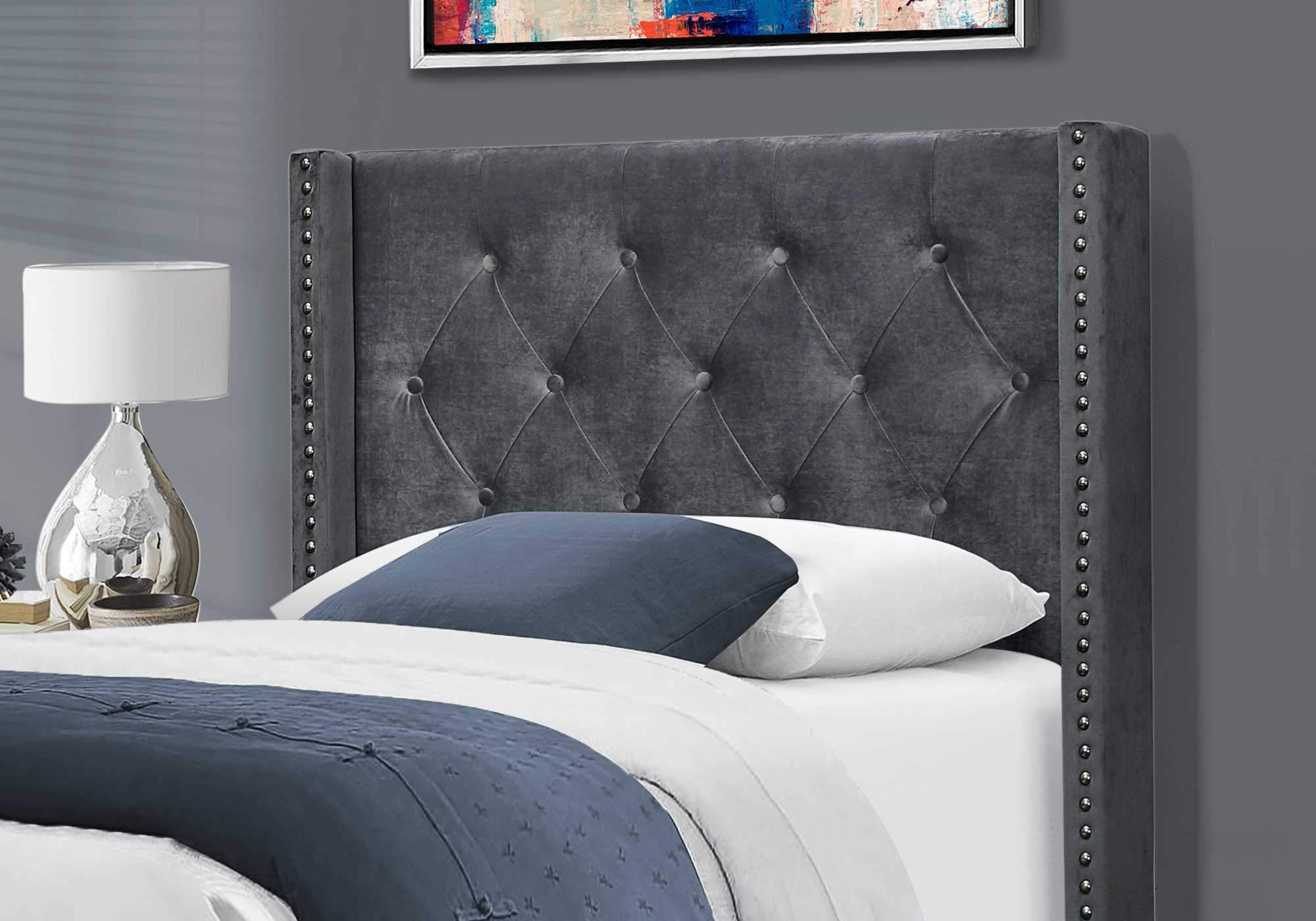 The Monarch Velvet Twin Bed – Dark Gray Wingback with Chrome Trim