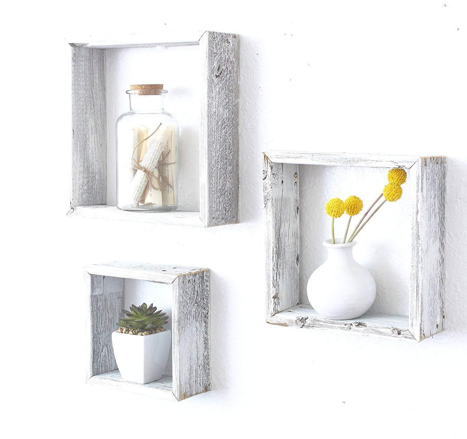 Rustic Artistry: Set of 3 Square Open Box Shelves for Wall Décor ND
