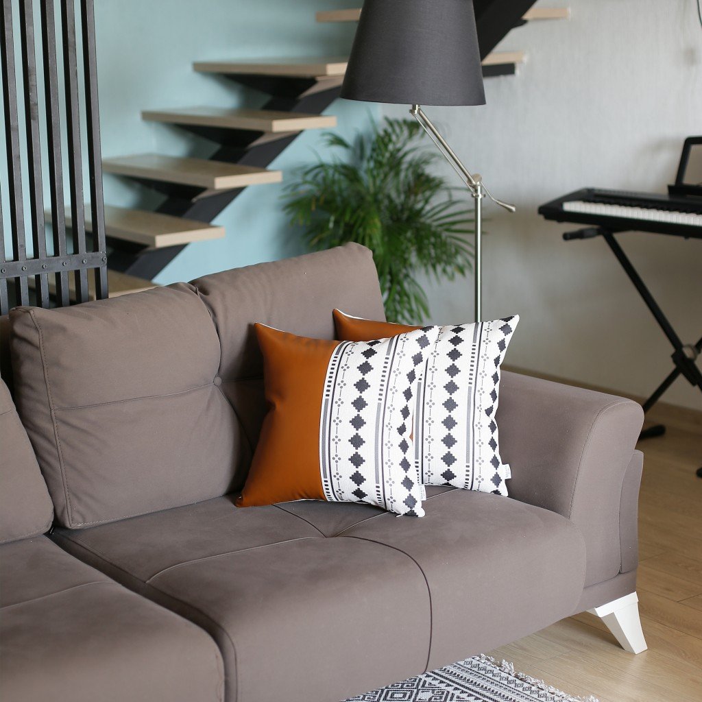 Set of 2 Half Diamond Patterns and Rustic Brown Faux Leather Lumbar ND