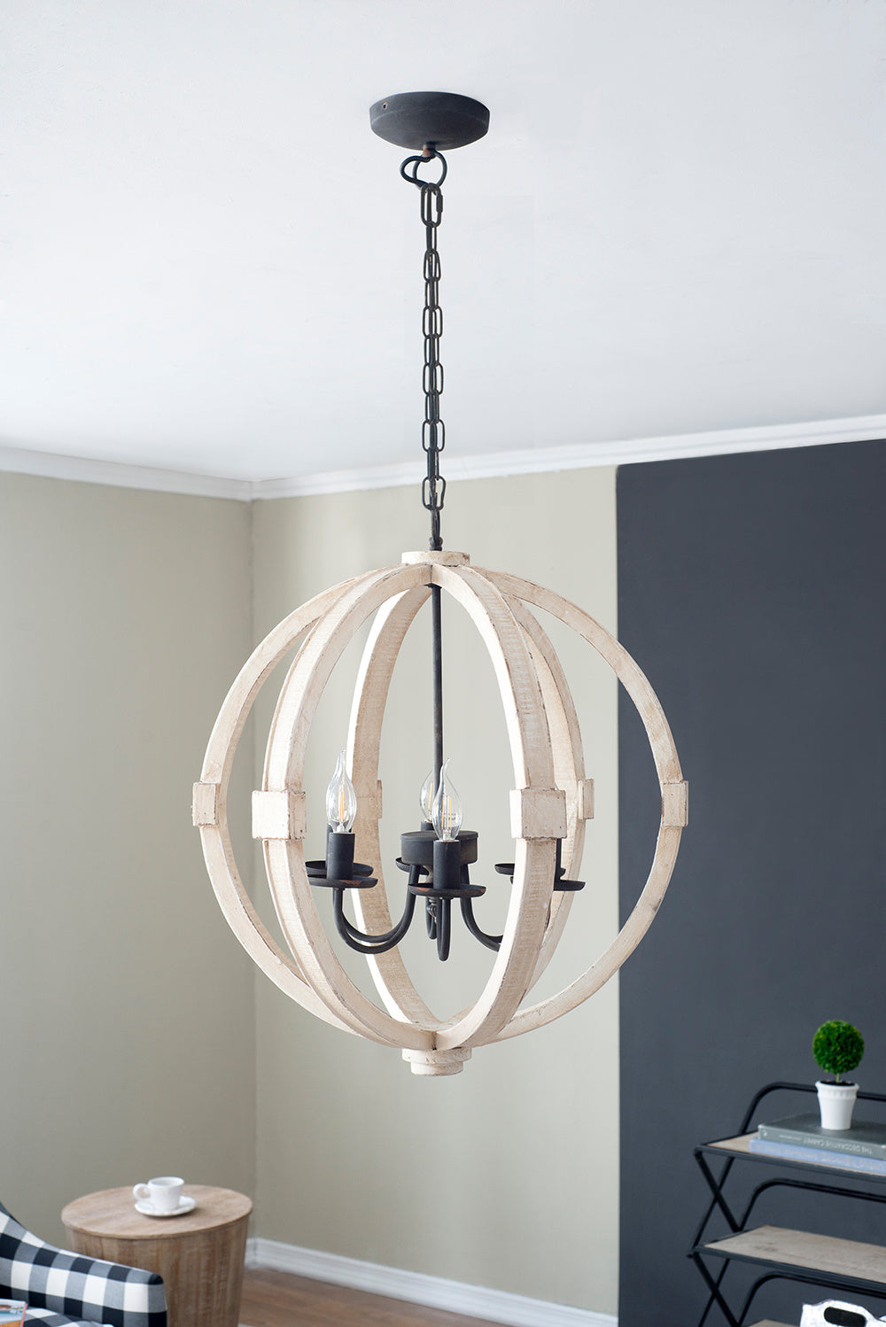 Light Wood Chandelier With Adjustable Chain- 6 Lights