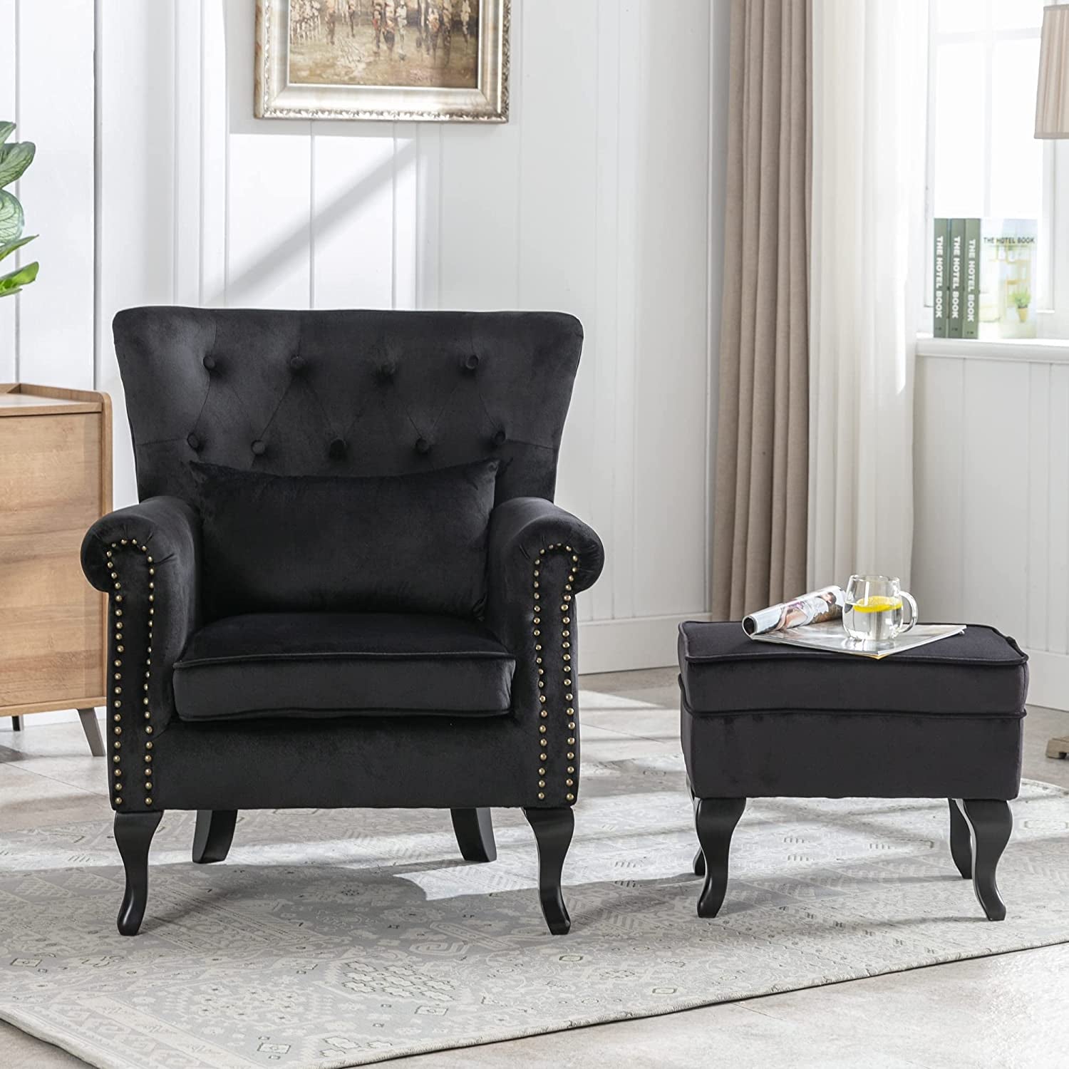 The Regent Velvet Armchair Set – Diamond Tufted Wingback with Ottoman