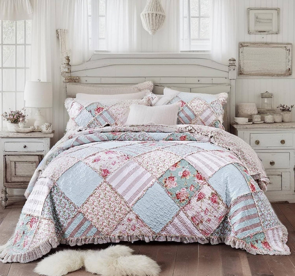 Hint of Mint Floral Patchwork Cotton Ruffle Quilt Set ND