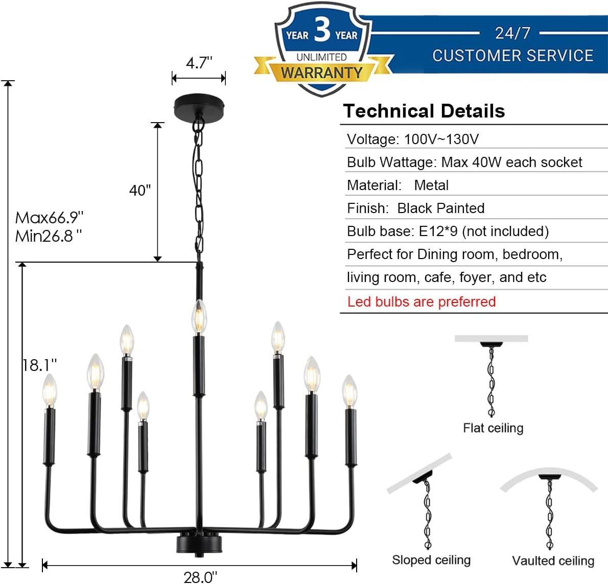 Matte Black Farmhouse Candle-Tier Chandelier (9-Light, Adjustable Height)