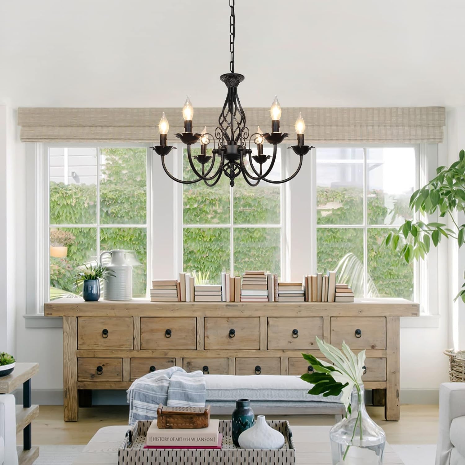 Matte Black Rustic Candle Chandelier – 6-Light Industrial Farmhouse