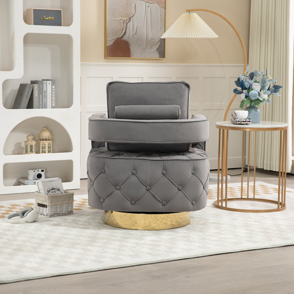 Velvet Eclipse Swivel Chair – Gray Diamond-Tufted Accent Seat