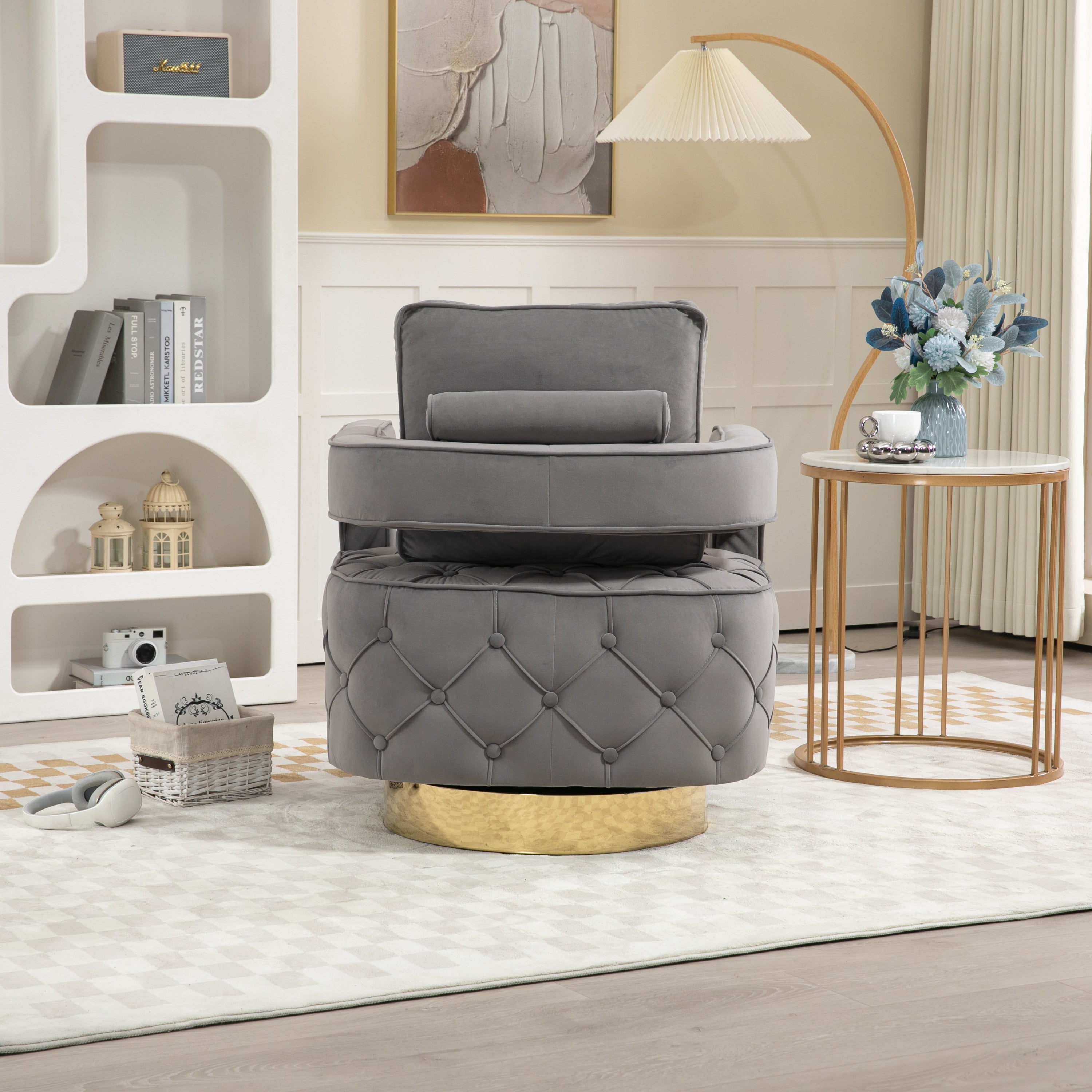 Velvet Eclipse Swivel Chair – Gray Diamond-Tufted Accent Seat