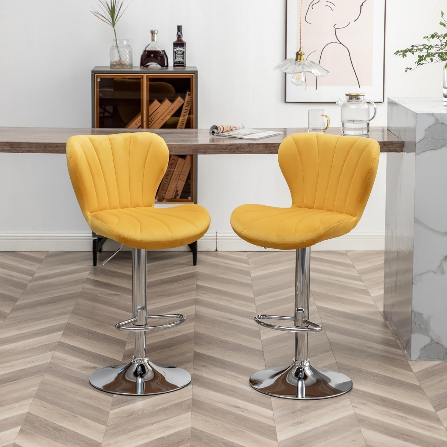 Velvet Eclipse Adjustable Swivel Barstools – Set of 2 in Chrome Finish