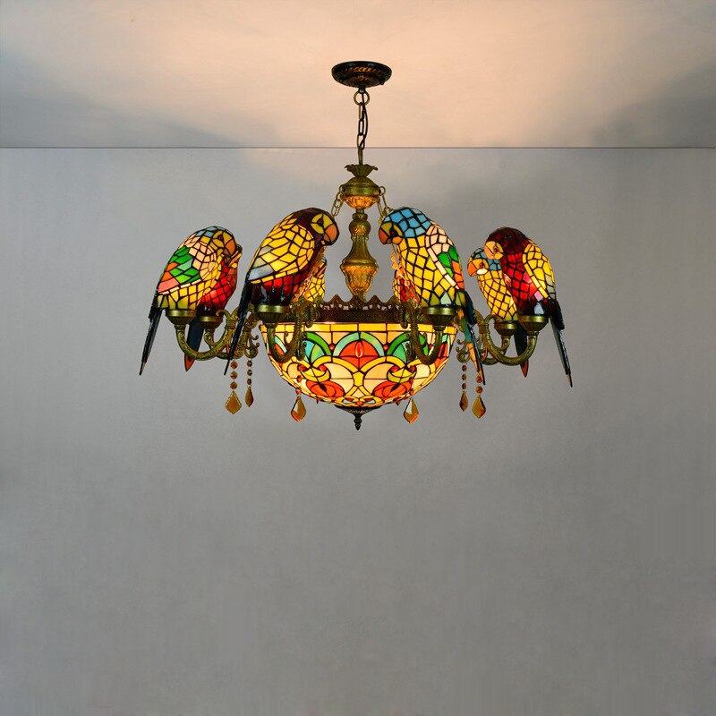 The Urban Ritual Art Deco Tiffany Inspired Parrot Chandelier – Handcrafted Glass & Crystal Statement Piece