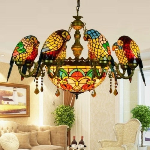 The Urban Ritual Art Deco Tiffany Inspired Parrot Chandelier – Handcrafted Glass & Crystal Statement Piece