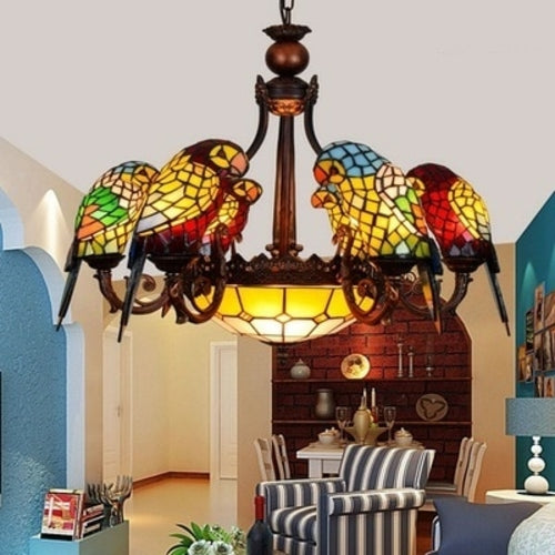 The Urban Ritual Art Deco Tiffany Inspired Parrot Chandelier – Handcrafted Glass & Crystal Statement Piece