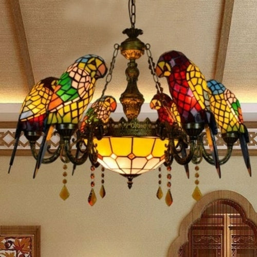 The Urban Ritual Art Deco Tiffany Inspired Parrot Chandelier – Handcrafted Glass & Crystal Statement Piece