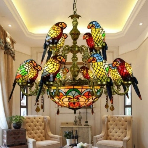 The Urban Ritual Art Deco Tiffany Inspired Parrot Chandelier – Handcrafted Glass & Crystal Statement Piece