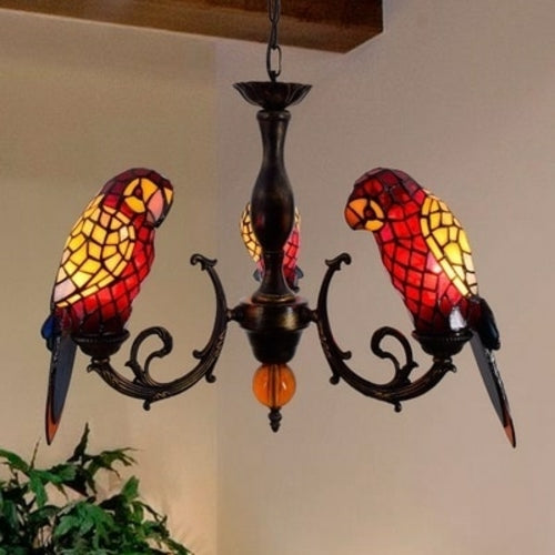 The Urban Ritual Art Deco Tiffany Inspired Parrot Chandelier – Handcrafted Glass & Crystal Statement Piece