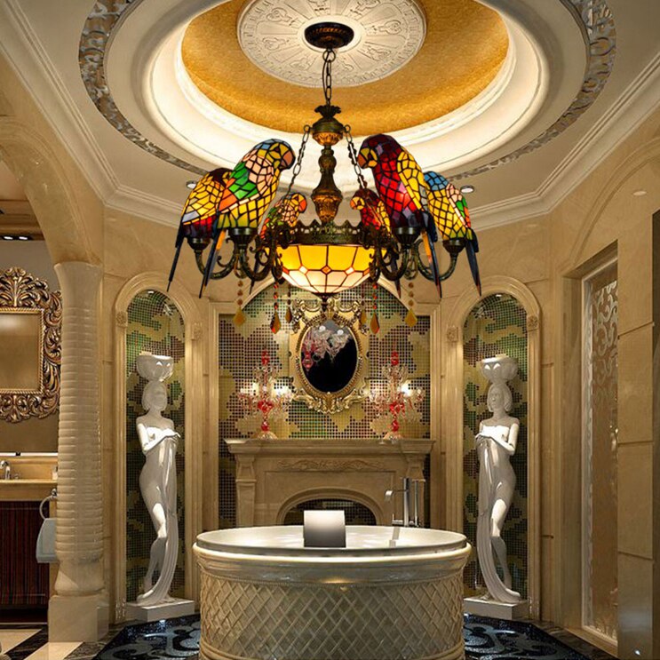 The Urban Ritual Art Deco Tiffany Inspired Parrot Chandelier – Handcrafted Glass & Crystal Statement Piece