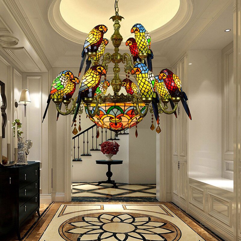 The Urban Ritual Art Deco Tiffany Inspired Parrot Chandelier – Handcrafted Glass & Crystal Statement Piece