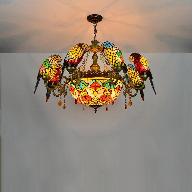 The Urban Ritual Art Deco Tiffany Inspired Parrot Chandelier – Handcrafted Glass & Crystal Statement Piece
