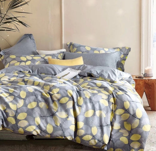 100% Cotton Floral Reversible Comforter Set Elegant Gray & Yellow