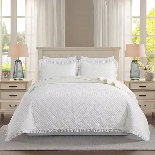 Queen size Ivory White Velvet Microfiber Polyester Reversible 3-Piece