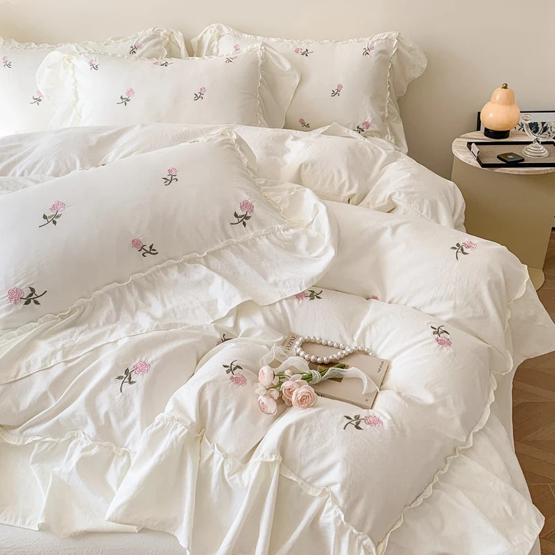 Elegance in Bloom – Embroidered Rose Duvet Cover Set