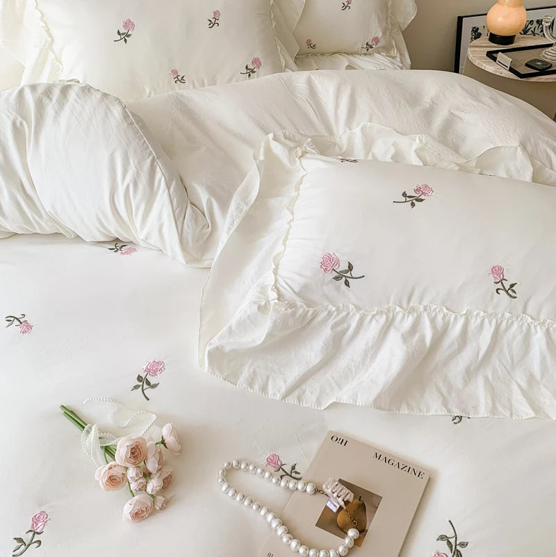 Elegance in Bloom – Embroidered Rose Duvet Cover Set