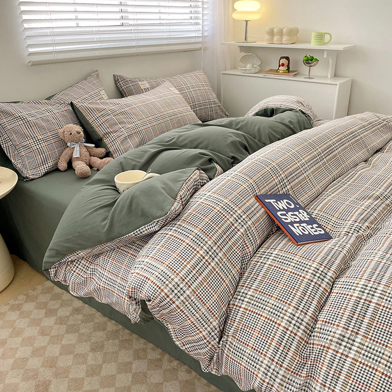 Nordic Plaid Cotton Bedding Set – Timeless Comfort with Scandinavian Charm