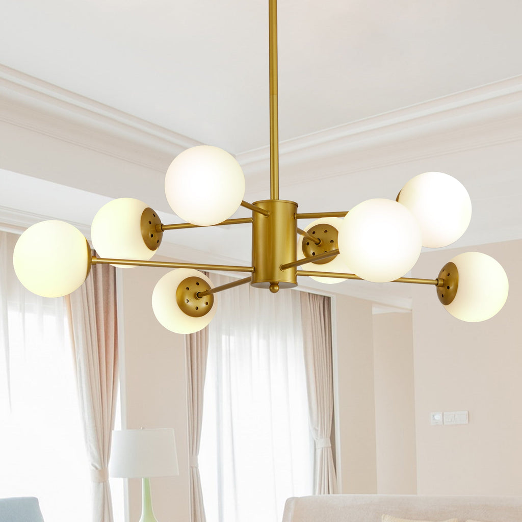 The Urban Ritual Orion Chandelier – Gold & Frosted White Glass Globe Fixture