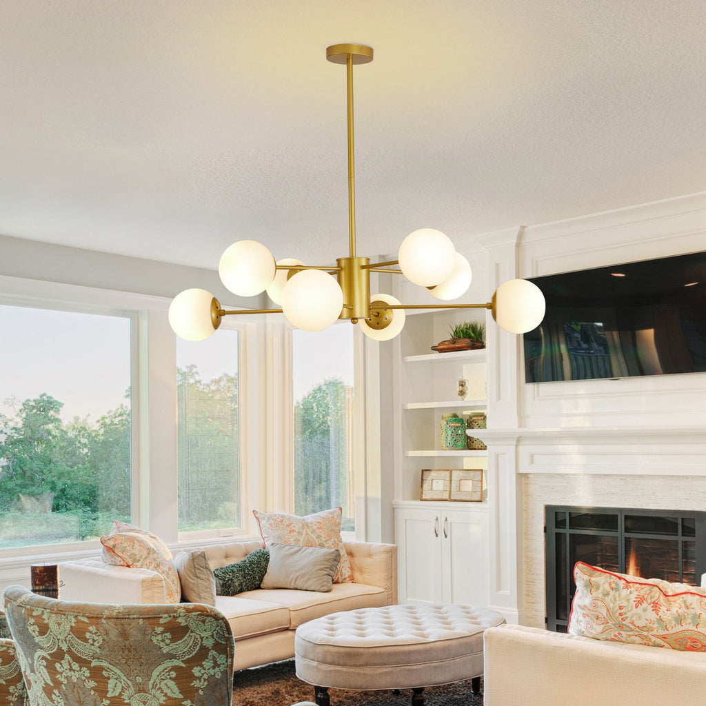 The Urban Ritual Orion Chandelier – Gold & Frosted White Glass Globe Fixture