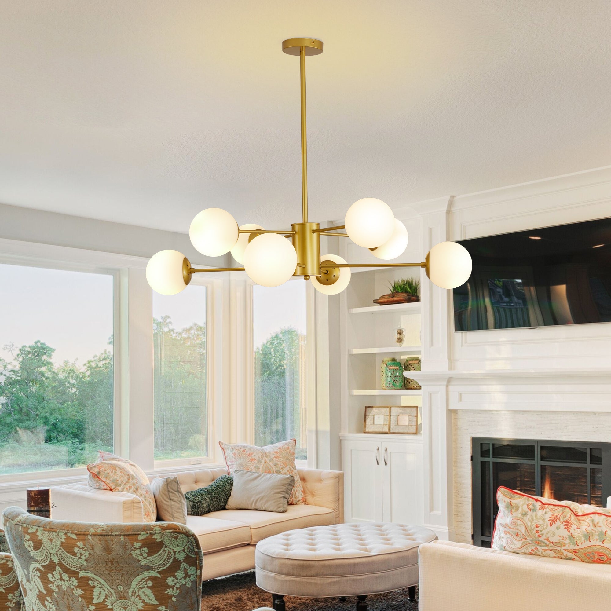 The Urban Ritual Orion Chandelier – Gold & Frosted White Glass Globe Fixture