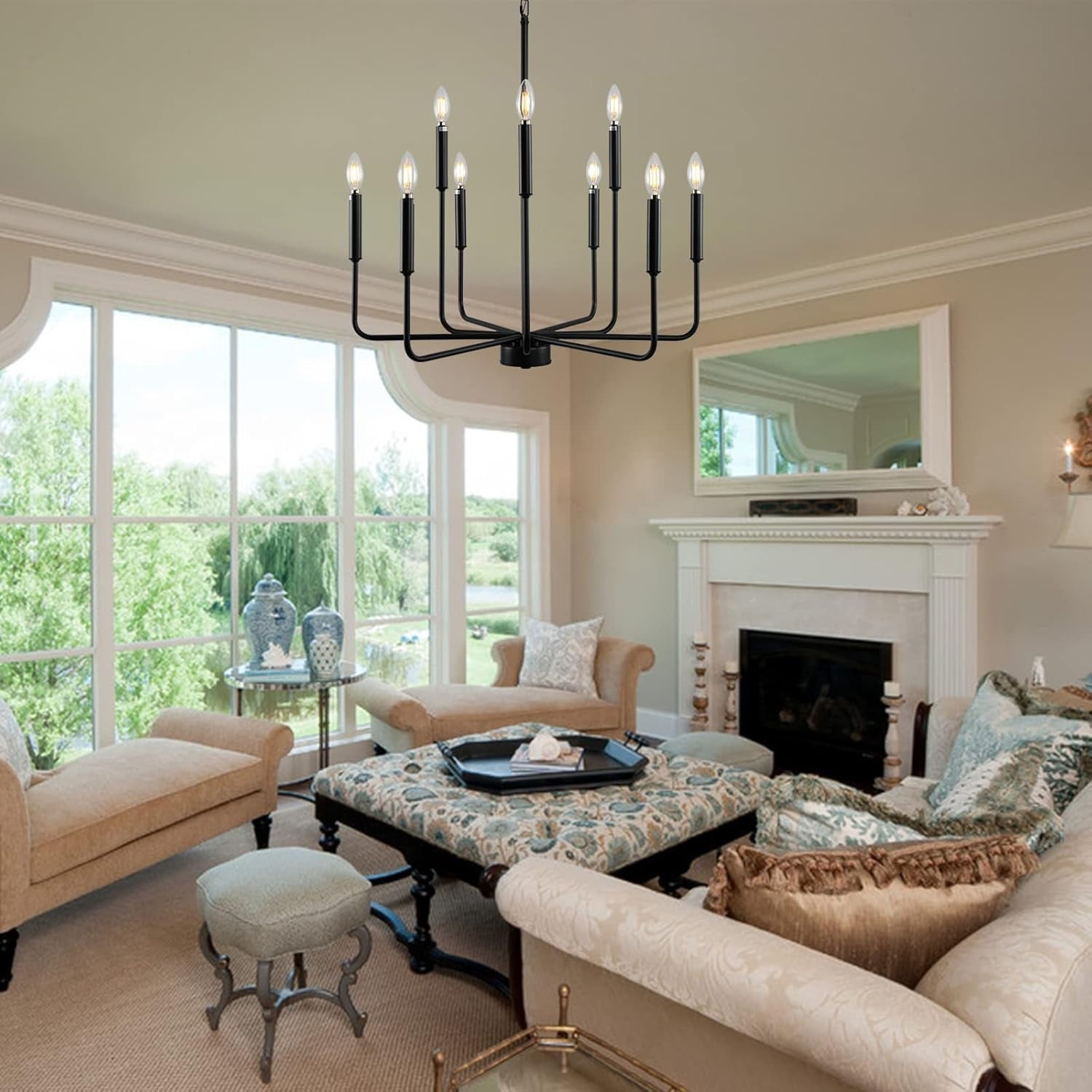 Matte Black Farmhouse Candle-Tier Chandelier (9-Light, Adjustable Height)