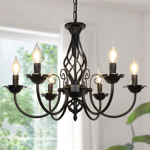 Matte Black Rustic Candle Chandelier – 6-Light Industrial Farmhouse