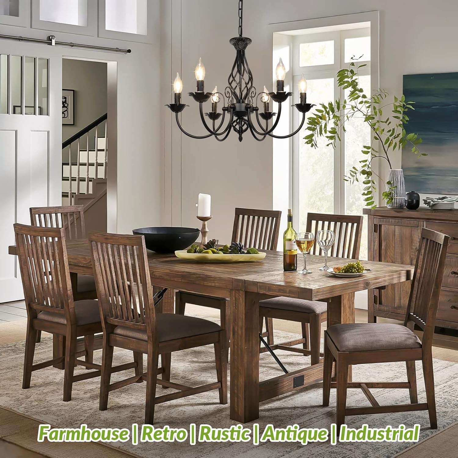 Matte Black Rustic Candle Chandelier – 6-Light Industrial Farmhouse