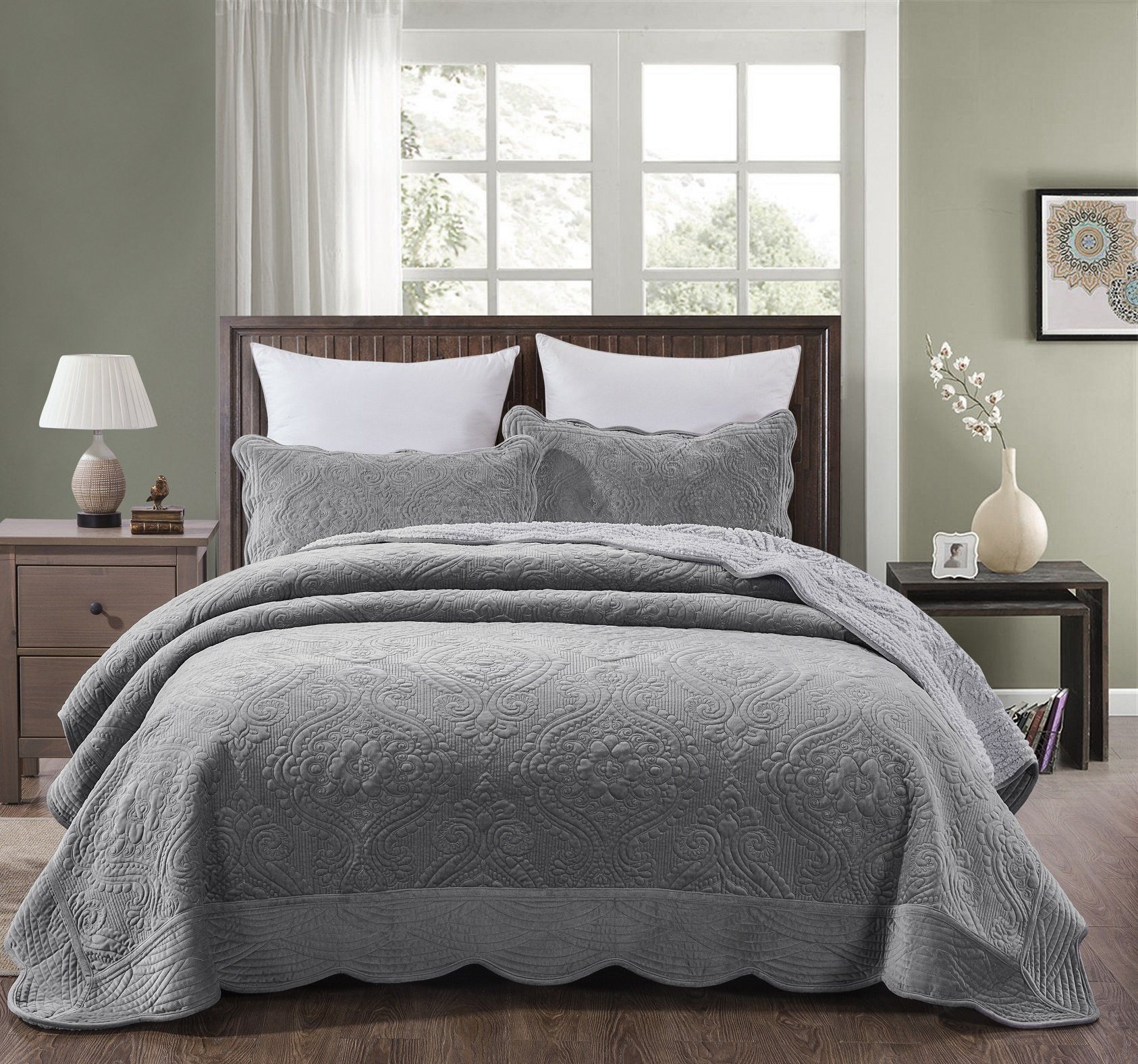 The Haven Winter Sherpa Bedspread – Gray Floral Microfleece Comfort Set