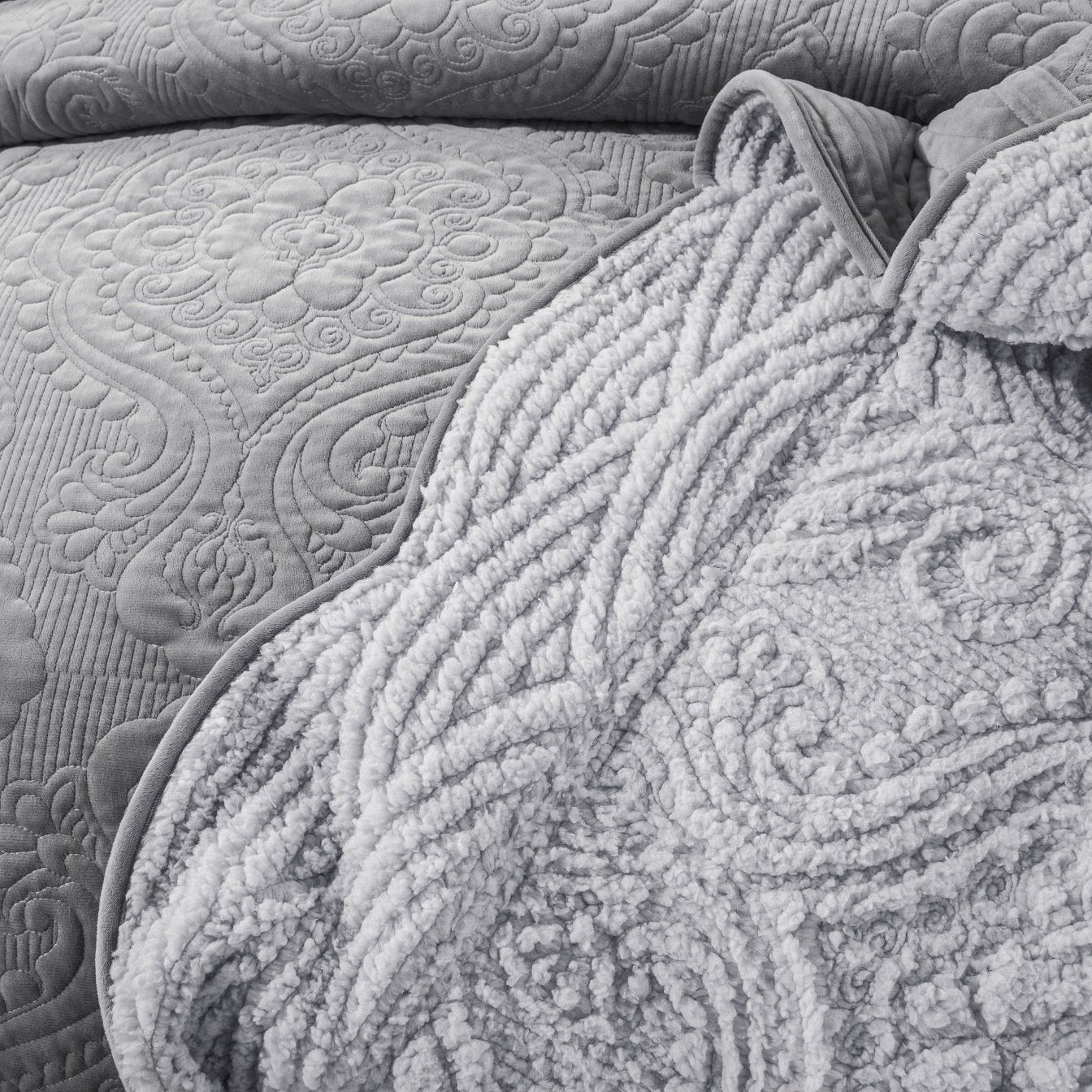 The Haven Winter Sherpa Bedspread – Gray Floral Microfleece Comfort Set