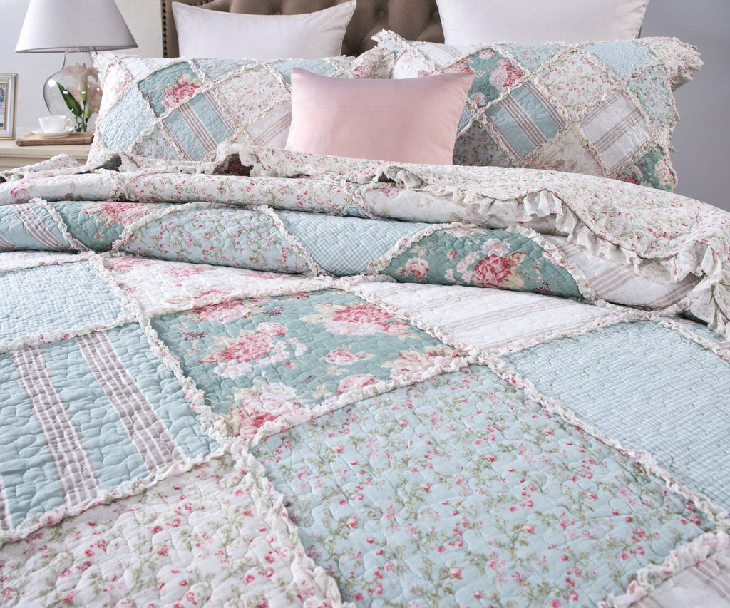 Hint of Mint Floral Patchwork Cotton Ruffle Quilt Set ND