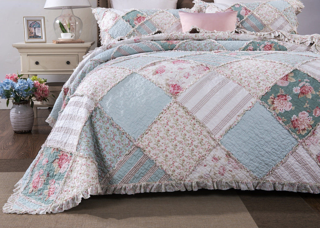 Hint of Mint Floral Patchwork Cotton Ruffle Quilt Set ND