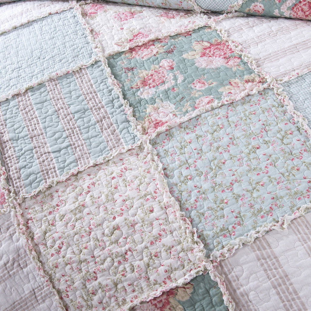 Hint of Mint Floral Patchwork Cotton Ruffle Quilt Set ND