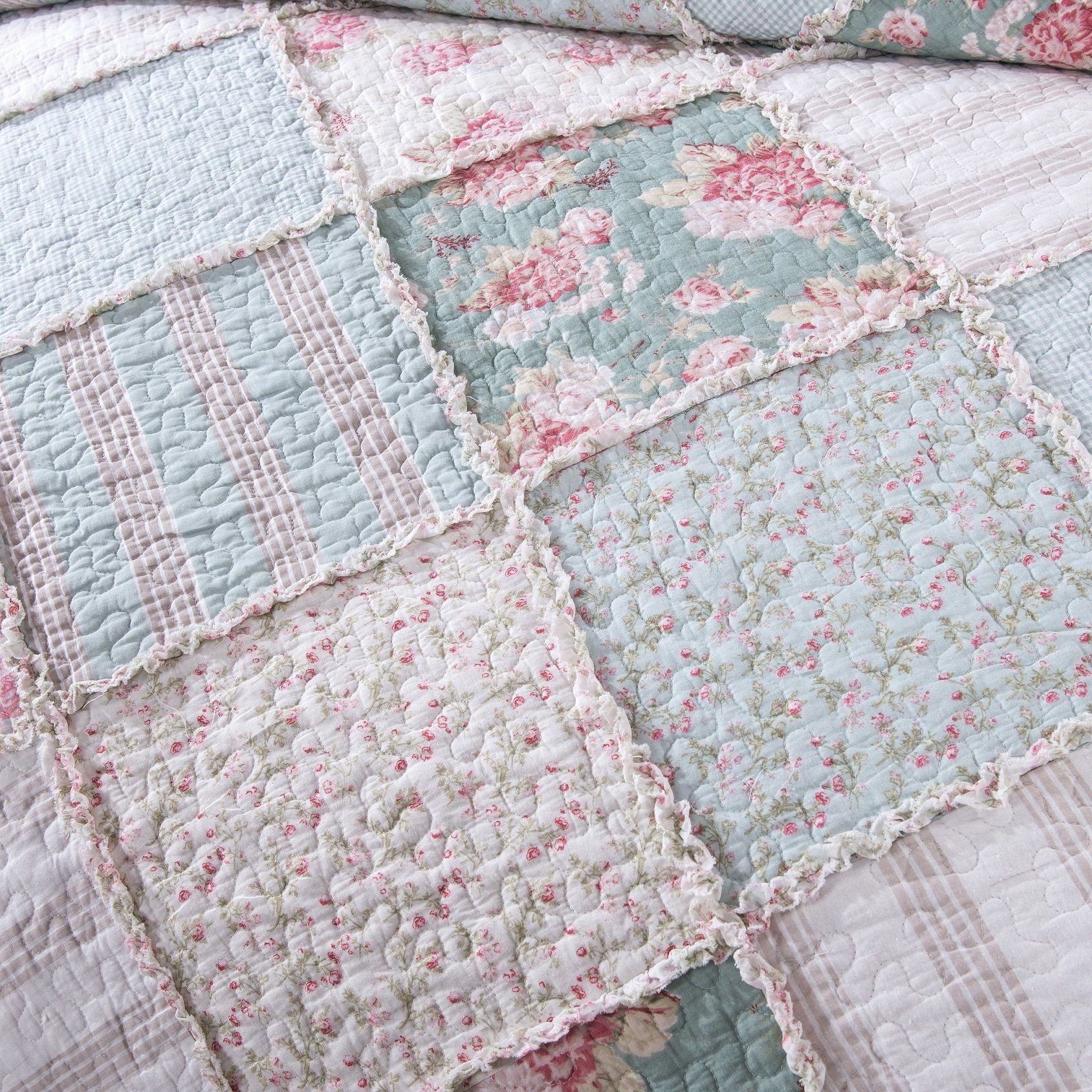 Hint of Mint Floral Patchwork Cotton Ruffle Quilt Set ND