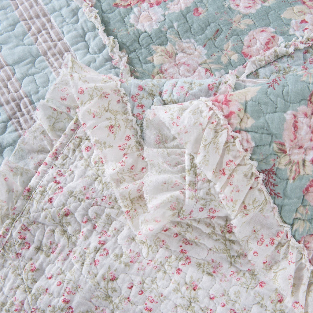 Hint of Mint Floral Patchwork Cotton Ruffle Quilt Set ND