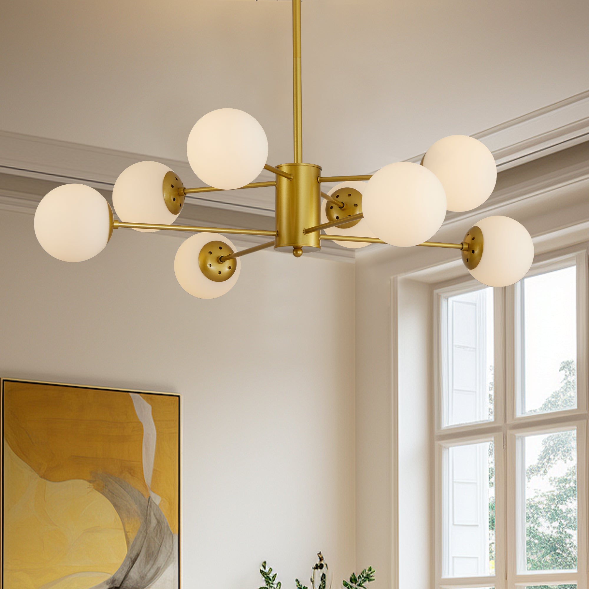The Urban Ritual Orion Chandelier – Gold & Frosted White Glass Globe Fixture